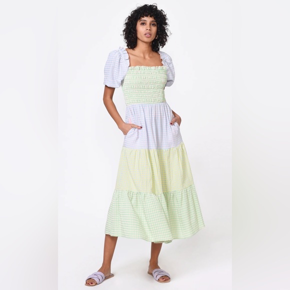 Greyson Dresses & Skirts - Greylin Nola Smocked Gingham Plaid Colorblock Tiered Midi‎ Dress Sz M Pastel